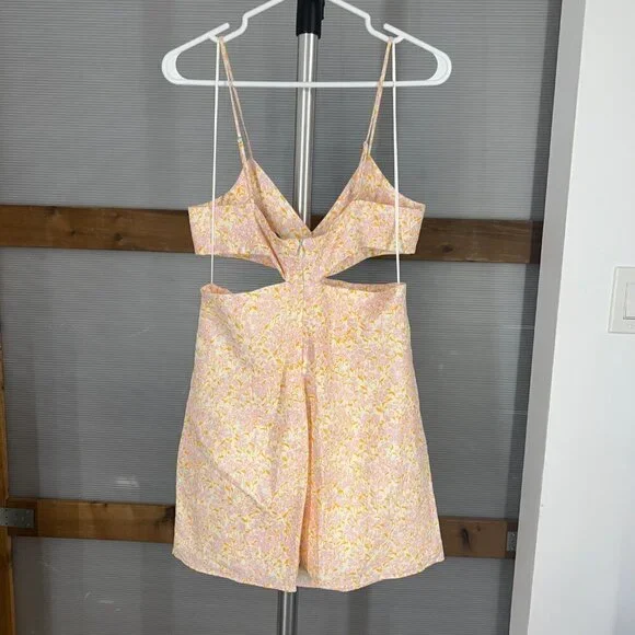 NWT Zara Linen Blend Purple Orange‎ Cream Cut Out Lined Mini Dress Sz L - Picture 7 of 14